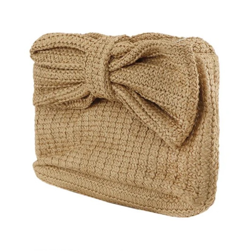 Straw Raffia Square Big Bow Top Zip Clutch Carry No Strap Handbag Travel Bag